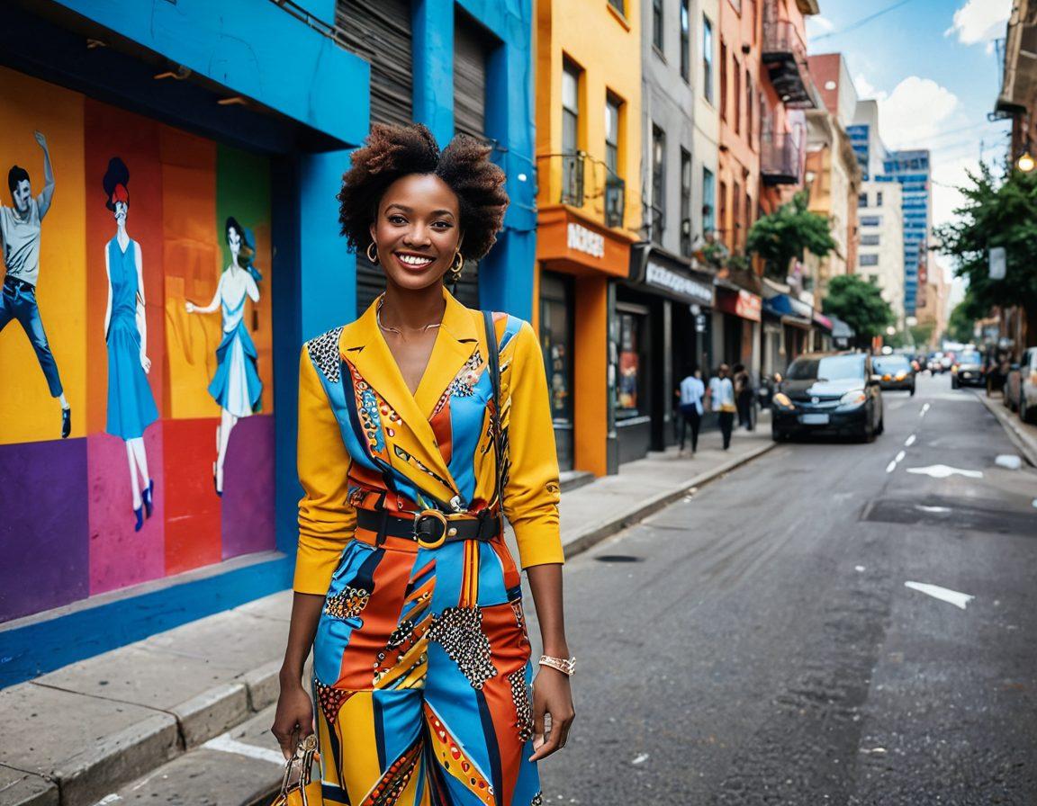 A bold woman with a radiant smile, wearing vibrant chic fashion, stands confidently in a bustling city street. Surround her with colorful storefronts and stylish onlookers admiring her look. The scene captures a youthful spirit with dynamic poses and bright, eye-catching patterns. Incorporate elements of urban life, like street art and greenery, to symbolize vitality. super-realistic. vivid colors. lively atmosphere.