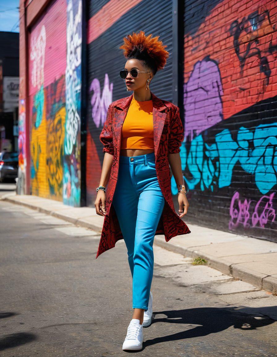 A confident young woman struts down a trendy city street, showcasing bold and chic fashion with vibrant colors and edgy accessories. The background features a mix of modern architecture and graffiti art, emphasizing urban style. She stands out with unique hairstyles and striking makeup, exuding empowerment and self-expression. The scene captures a sense of freedom and individuality. super-realistic. vibrant colors. urban setting.